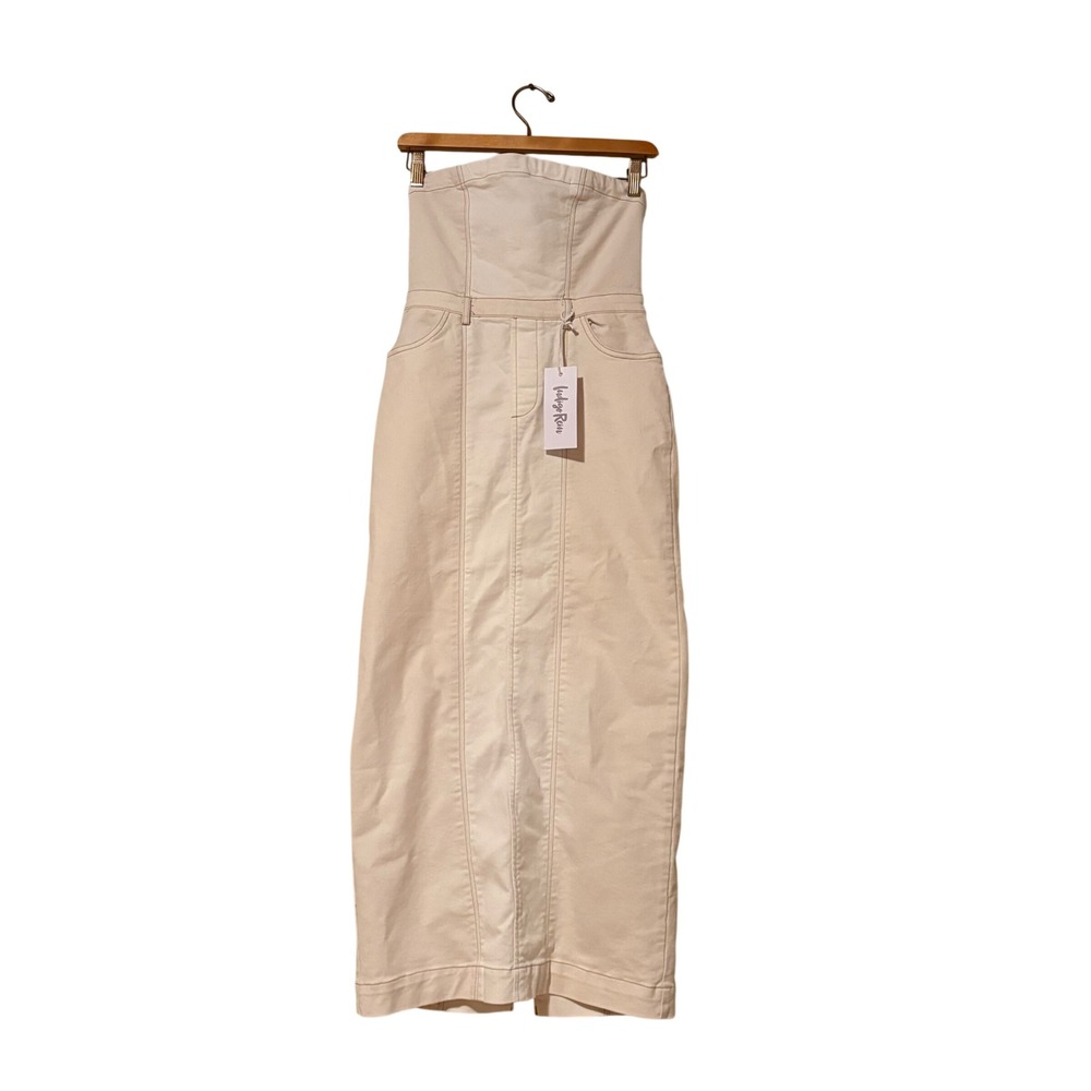 Indigo Rein Womens Strapless Denim Midi Dress Cream Off White Zip Back NWT SZ S